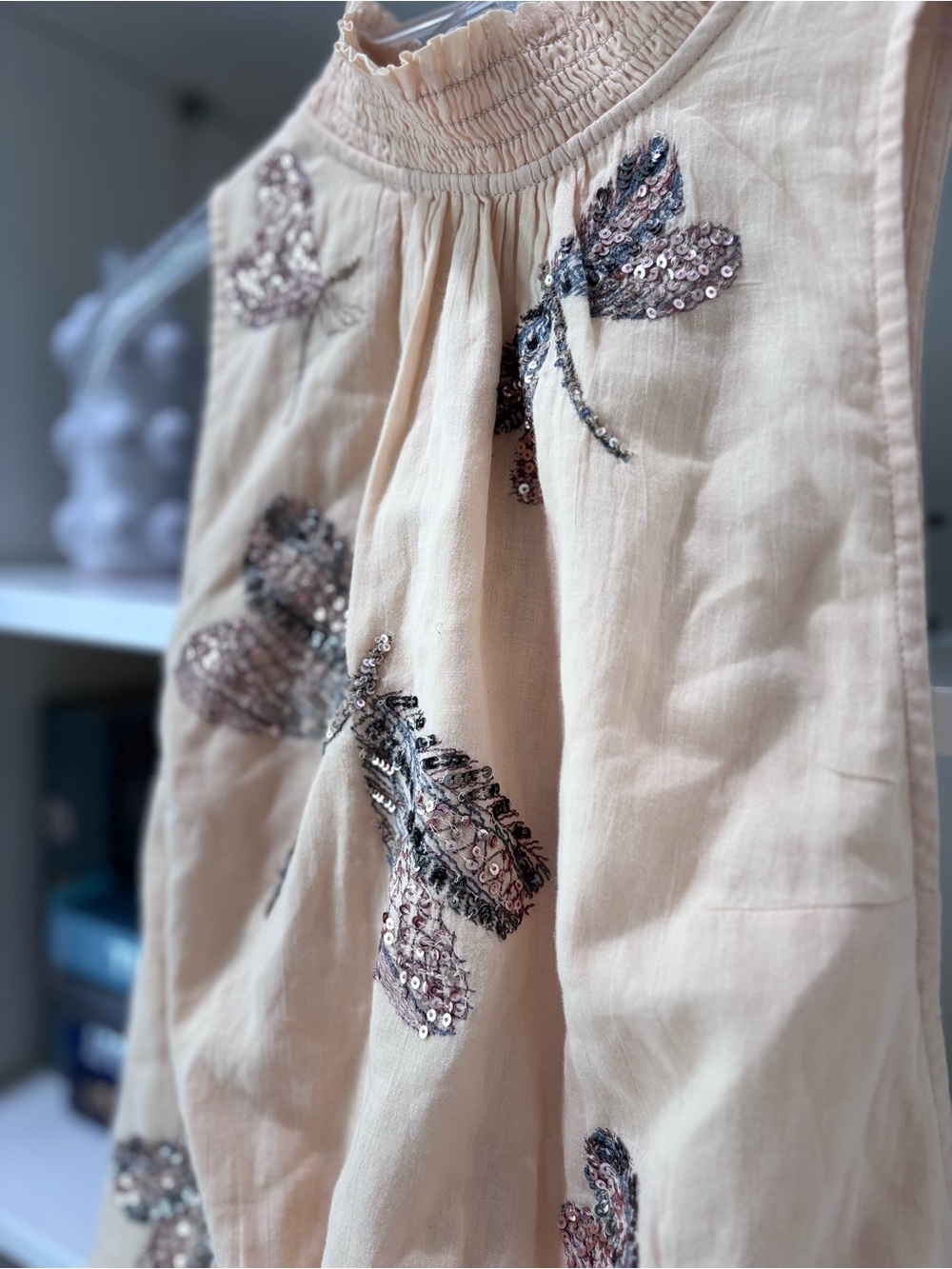 Free People "The Garden" top smocked mock neck sequin dragonfly embroidery S - Picture 5 of 10